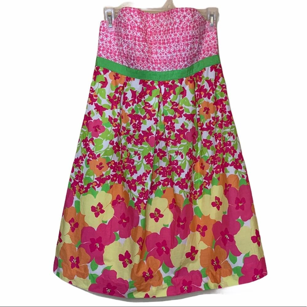 Lilly Pulitzer Strapless Floral Midi Dress in Pink, Green, Orange, Yellow